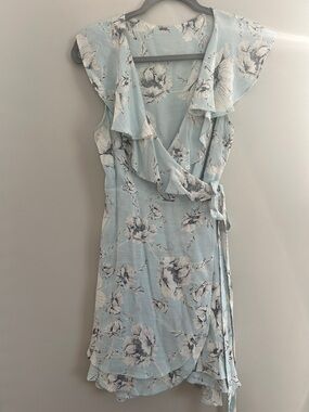Free People Pale Blue Floral Wrap Mini Dress with Ruffle Trim